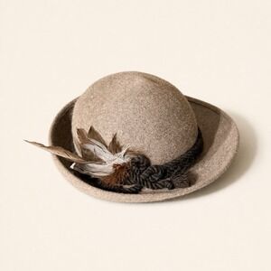 Muhlbauer Wien Wool Felt Hat Taupe Alpine Tyrolean Feather Vintage